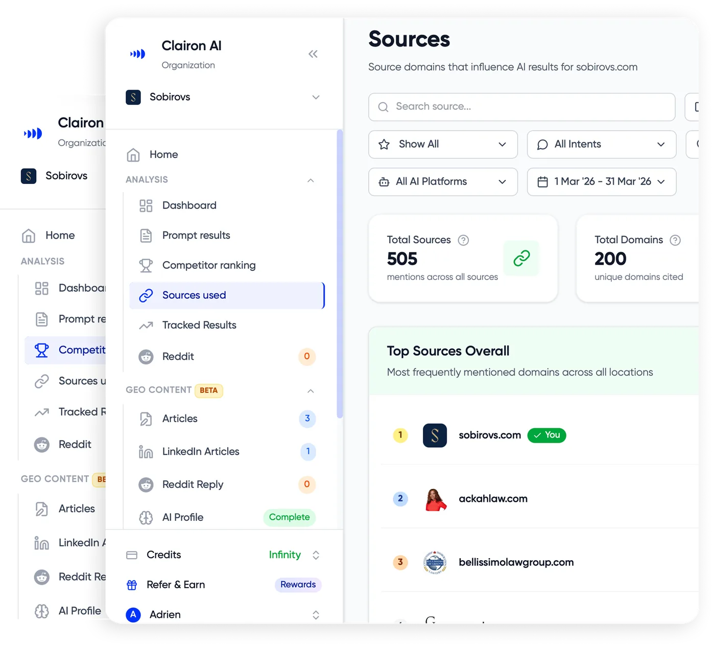 Clairon dashboard, sources view